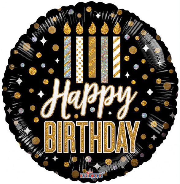 Celebración elegante: globo con vela de cumpleaños negro, dorado y plateado