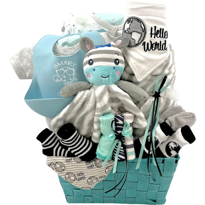 Hello World Zebra Lovey Newborn Gift Basket