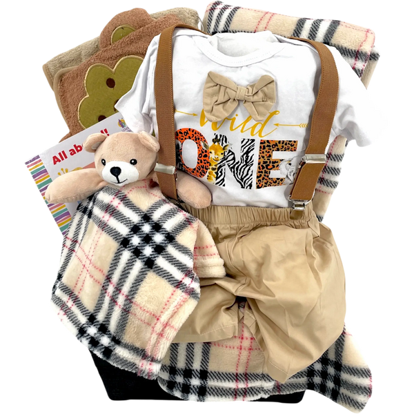 Wild One Safari Bear Snuggle Baby Gift Basket