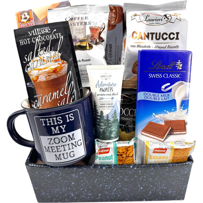 Men's Self-Care & Zoom Mug Gift Basket: Relaxation with a Touch of Humor