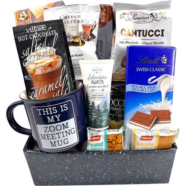 Cesta de regalo de taza de autocuidado y Zoom para hombres: Relajación con un toque de humor