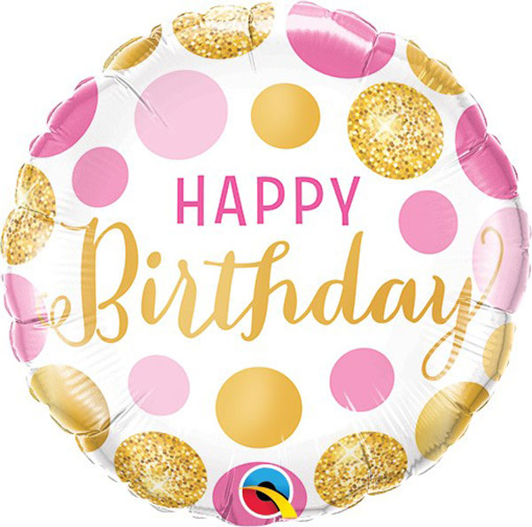 Puntos modernos: globo de feliz cumpleaños rosa y dorado de 9 pulgadas