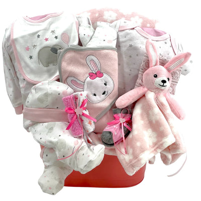 Baby Elephant & Bunny Deluxe – Sweet Baby Girl Gift Basket - Glitter Baskets - Baby Girl Gift Basket