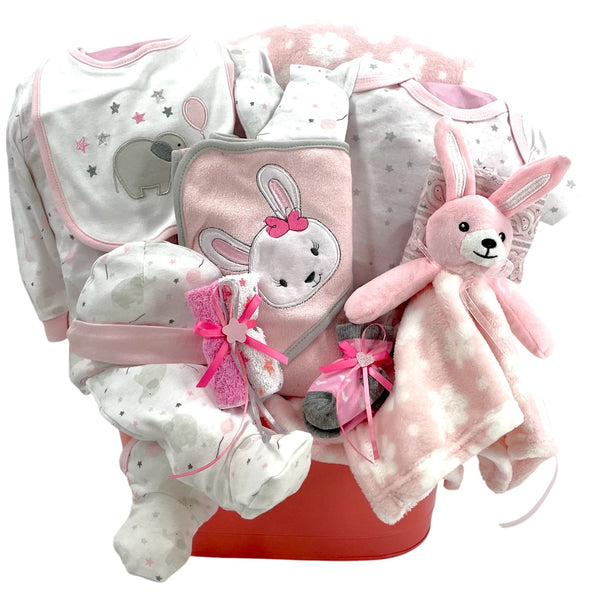 Baby Elephant & Bunny Deluxe – Sweet Baby Girl Gift Basket - Glitter Baskets - Baby Girl Gift Basket