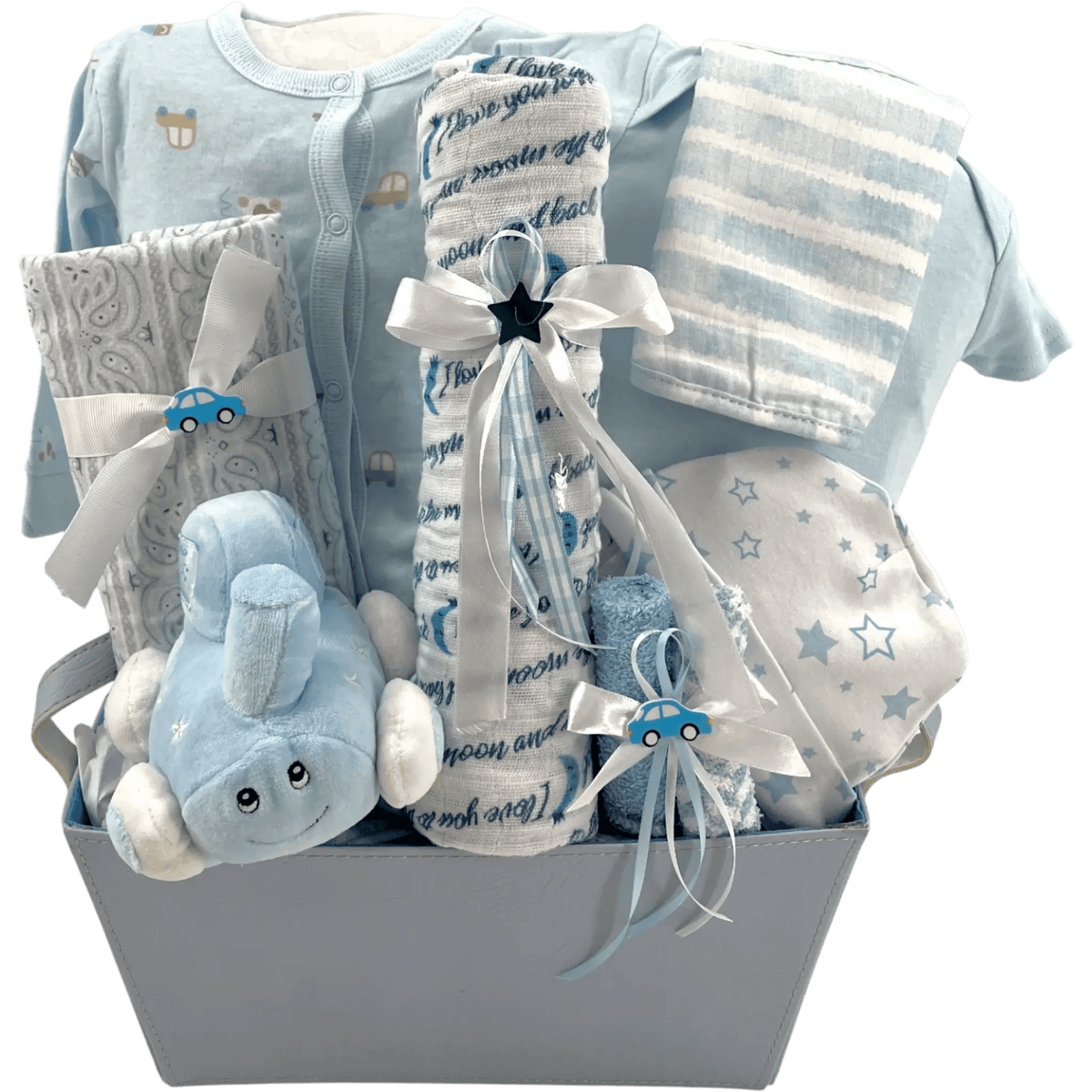 Llegada del tren del bebé: preciosa cesta de regalo para bebé niño