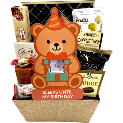 Bear Countdown Birthday Keepsake and Treats Basket - Glitter Baskets -Birthday Gift Baskets