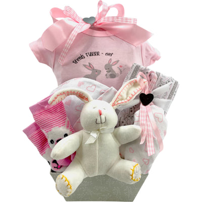 Bunny Hugs Baby Girl Gift Basket - Glitter Baskets - Baby Girl Gift Basket