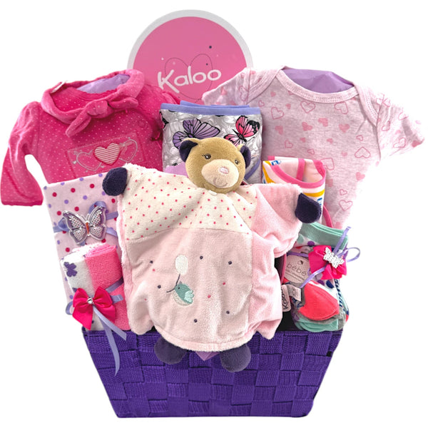 Butterfly Kisses & Cuddly Wishes Baby Girl Gift Basket - Glitter Baskets - Baby Girl Gift Basket