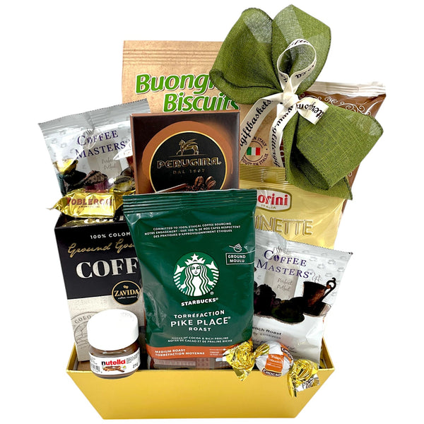 Café Gold Indulgence: Premium Coffee & Chocolate Gift Basket - Glitter Baskets - Coffee Gift Basket
