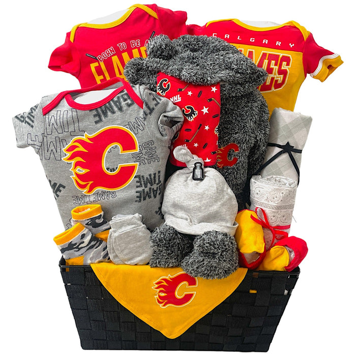 Calgary Flames Deluxe Baby Basket - Glitter Baskets - Baby Boy Gift Basket