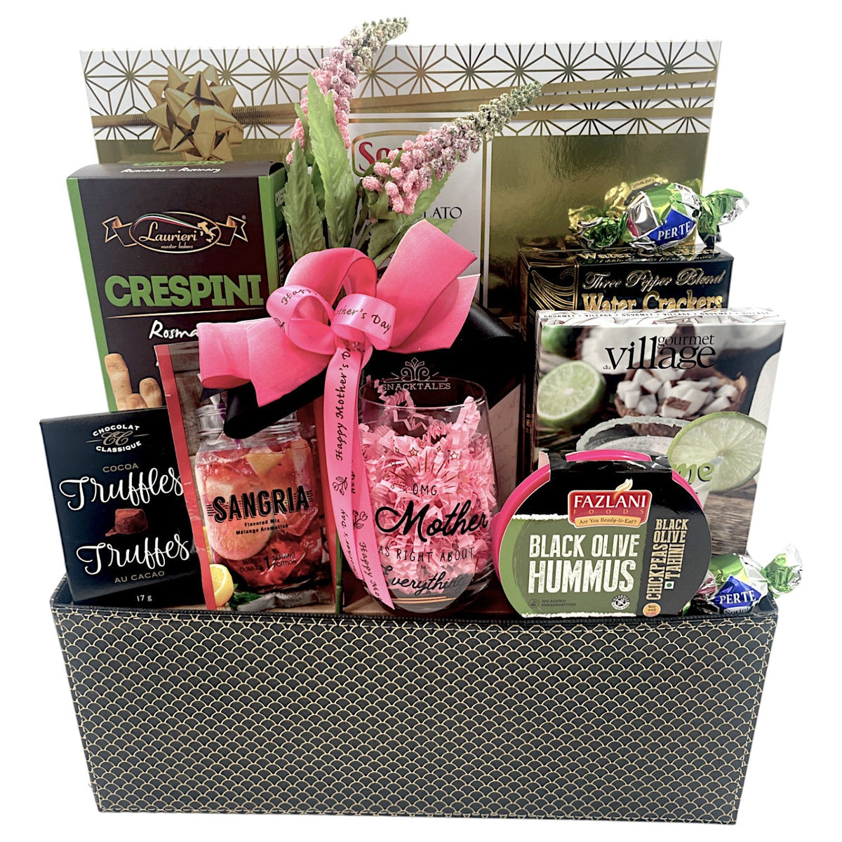 Chocolate Mother's Day Delight gift basket with wine glass, truffles and savory snacks from Glitter Gift Baskets