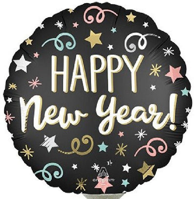 Confetti Celebration: Happy New Year 9 - Inch Black Mylar Balloon - Glitter Baskets - 