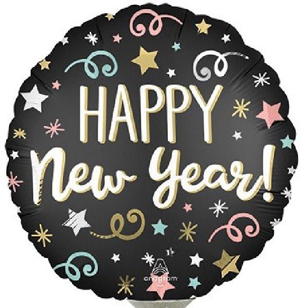 Confetti Celebration: Happy New Year 9 - Inch Black Mylar Balloon - Glitter Baskets - 