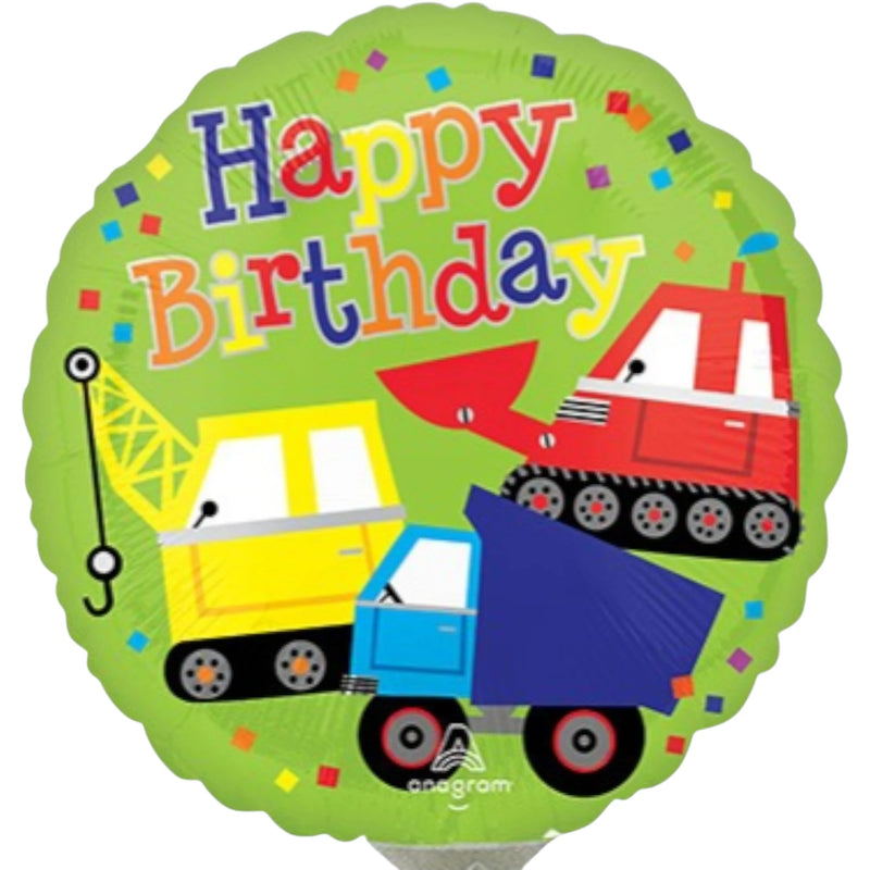 Construction Trucks Happy Birthday Balloon 9 Inch Mylar - Glitter Baskets - Balloon