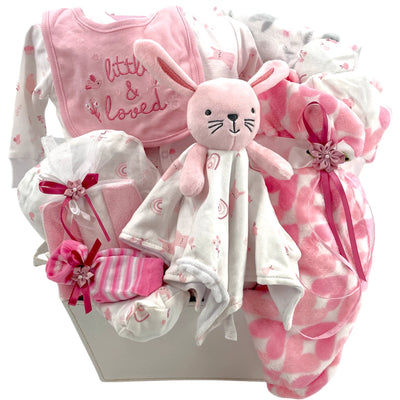 Cuddle Bunny Dreams Baby Girl Gift Basket - Glitter Baskets - Baby Girl Gift Basket
