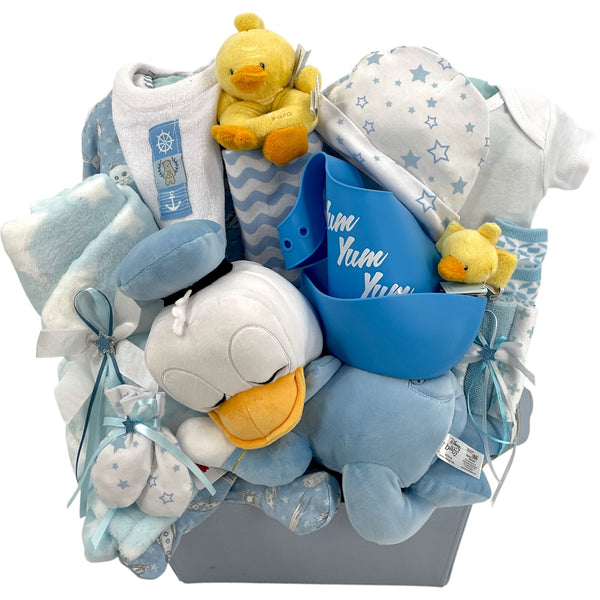 Donald’s Little Ducky Dreams Baby Boy Gift Basket - Glitter Baskets - Baby Boy Gift Basket
