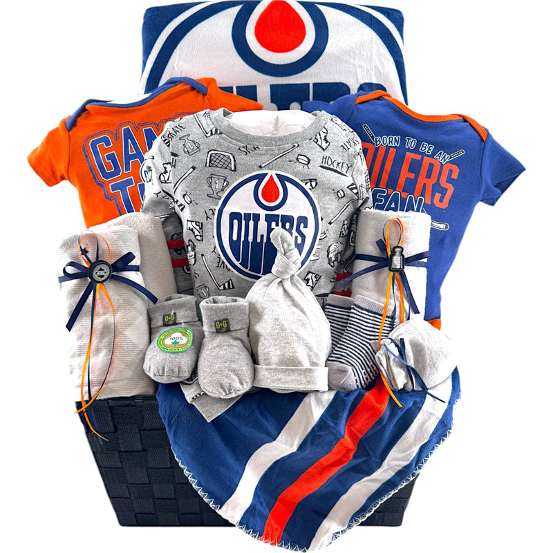 Edmonton Oilers Deluxe Baby Basket - Glitter Baskets - Baby Boy Gift Basket