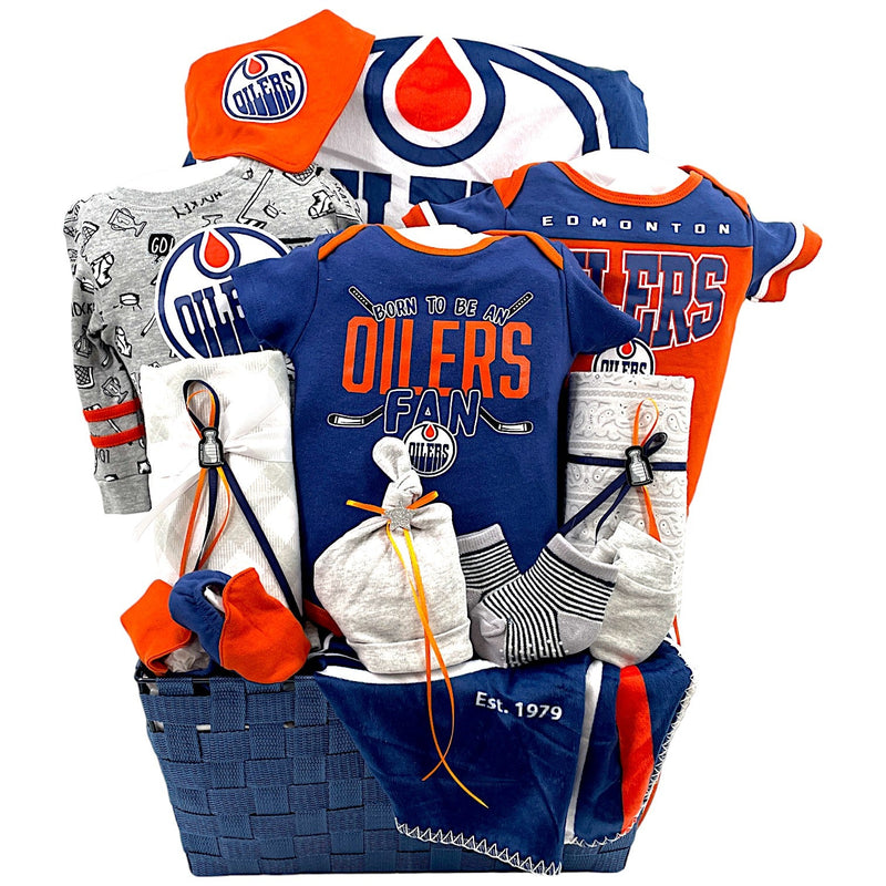 Edmonton Oilers Deluxe Baby Basket - Glitter Baskets - Baby Boy Gift Basket