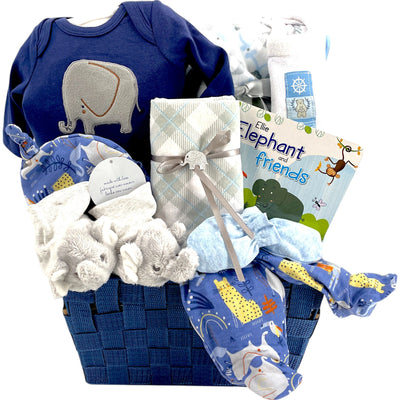 Elephant Adventures Baby Gift Basket - Glitter Baskets - Baby Boy Gift Basket