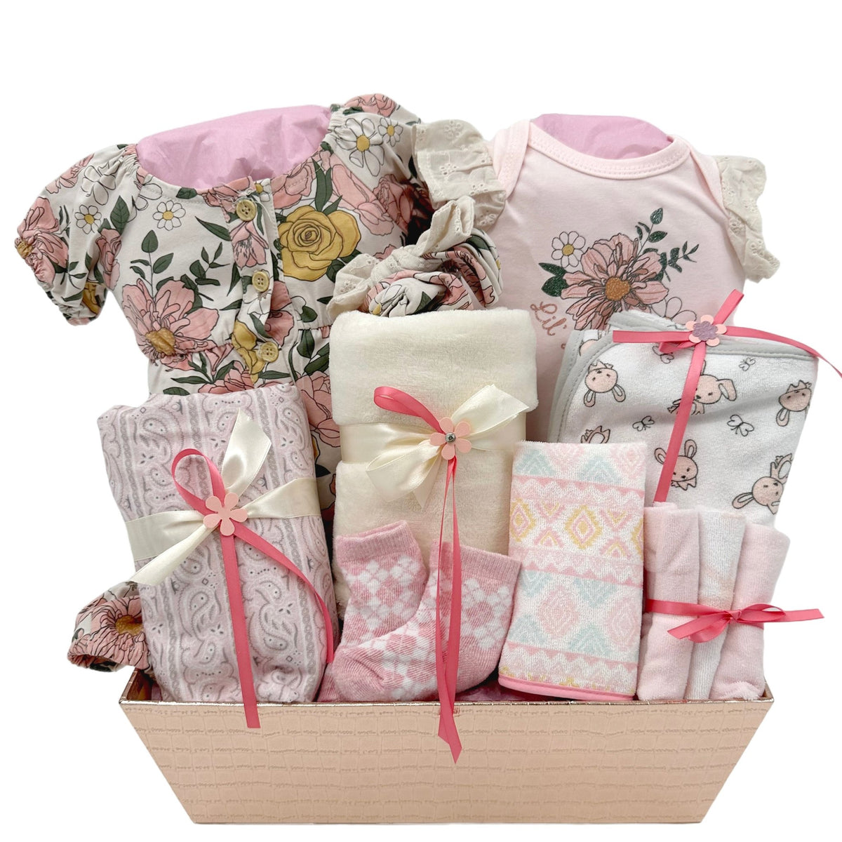 Enchanted Blossom & Bunny: Luxurious Baby Girl Gift Basket - Glitter Baskets - Baby Girl Gift Basket