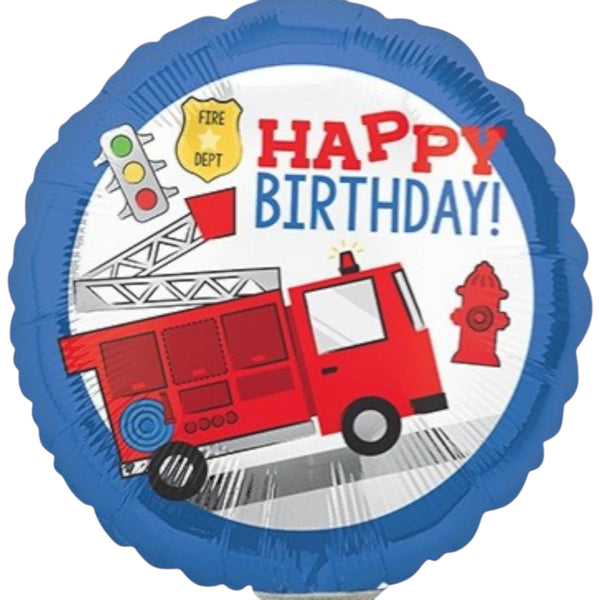 Fire Truck Happy Birthday Balloon 9 Inch Mylar - Glitter Baskets - 