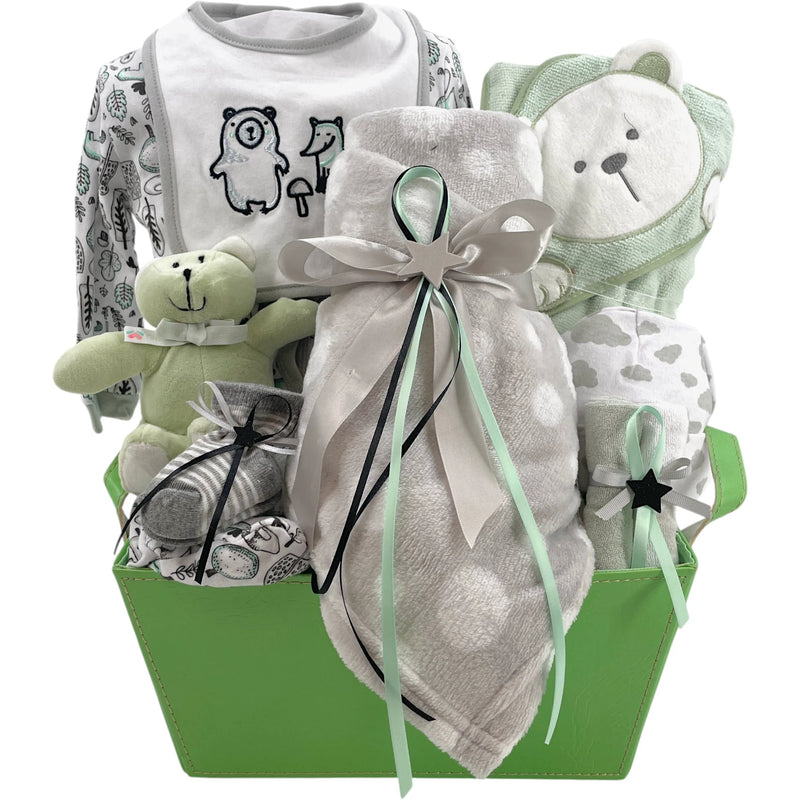 Gentle Bear Hugs Baby Gift Basket - Glitter Baskets - Gender Neutral Baby Gift Basket