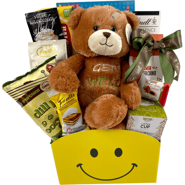 Get Well Teddy Deluxe Comfort Gift Basket - Glitter Baskets - Get Well Soon Basket