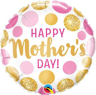 Gold & Pink Polka Dot Happy Mother's Day Balloon – 9" Air - Filled - Glitter Baskets - Balloon