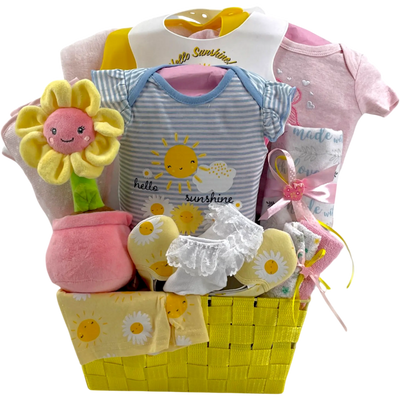 Hello Sunshine & Bees Baby Girl Gift Basket - Glitter Baskets -Baby Girl Gift Basket