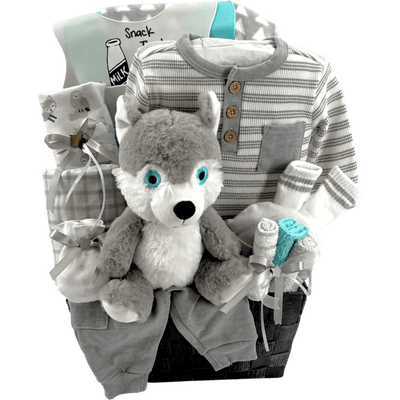 Husky Pup's First Outfit Baby Gift Set - Glitter Baskets -Gender Neutral Baby Gift Basket