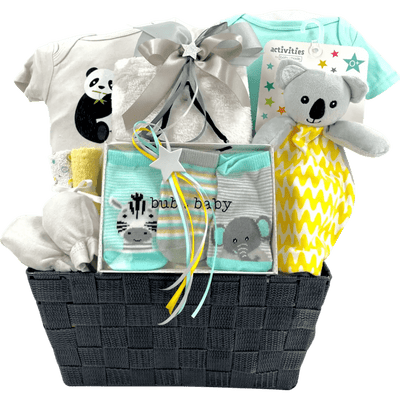 Koala Cuddles Baby Gift Ensemble - Glitter Baskets -Gender Neutral Baby Gift Basket