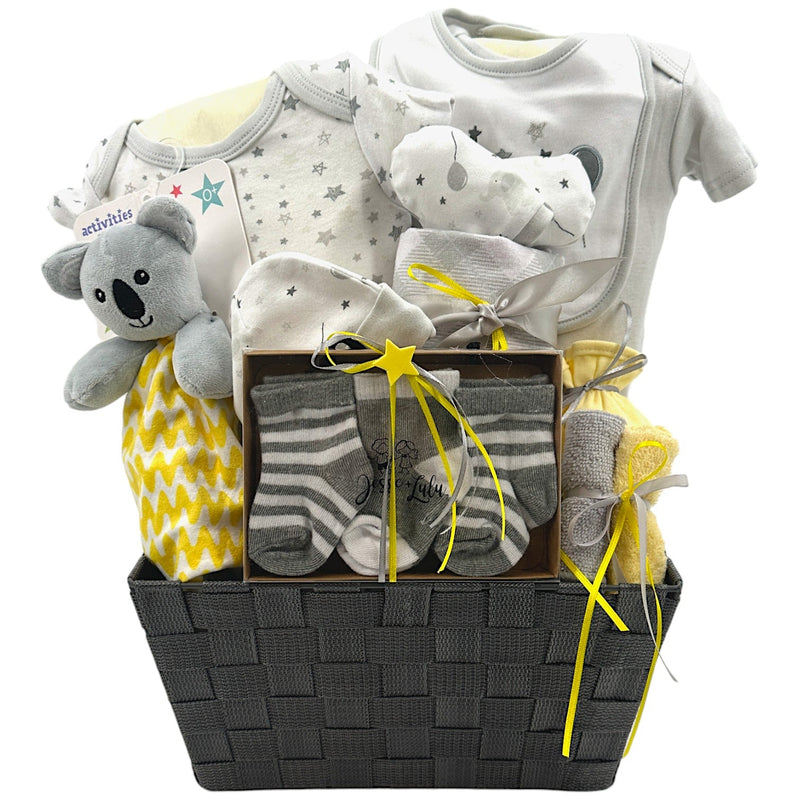 Koala Cuddles Baby Gift Ensemble - Glitter Baskets - Gender Neutral Baby Gift Basket