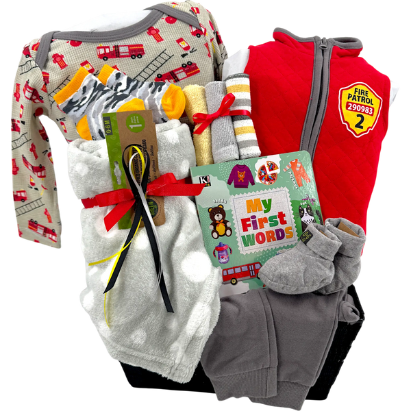 Little Fire Patrol Baby Boy Welcome Basket - Glitter Baskets - Baby Boy Gift Basket