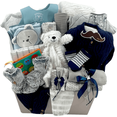 Little Gent Cable Knit Baby Boy Gift Basket - Glitter Baskets -Baby Boy Gift Basket