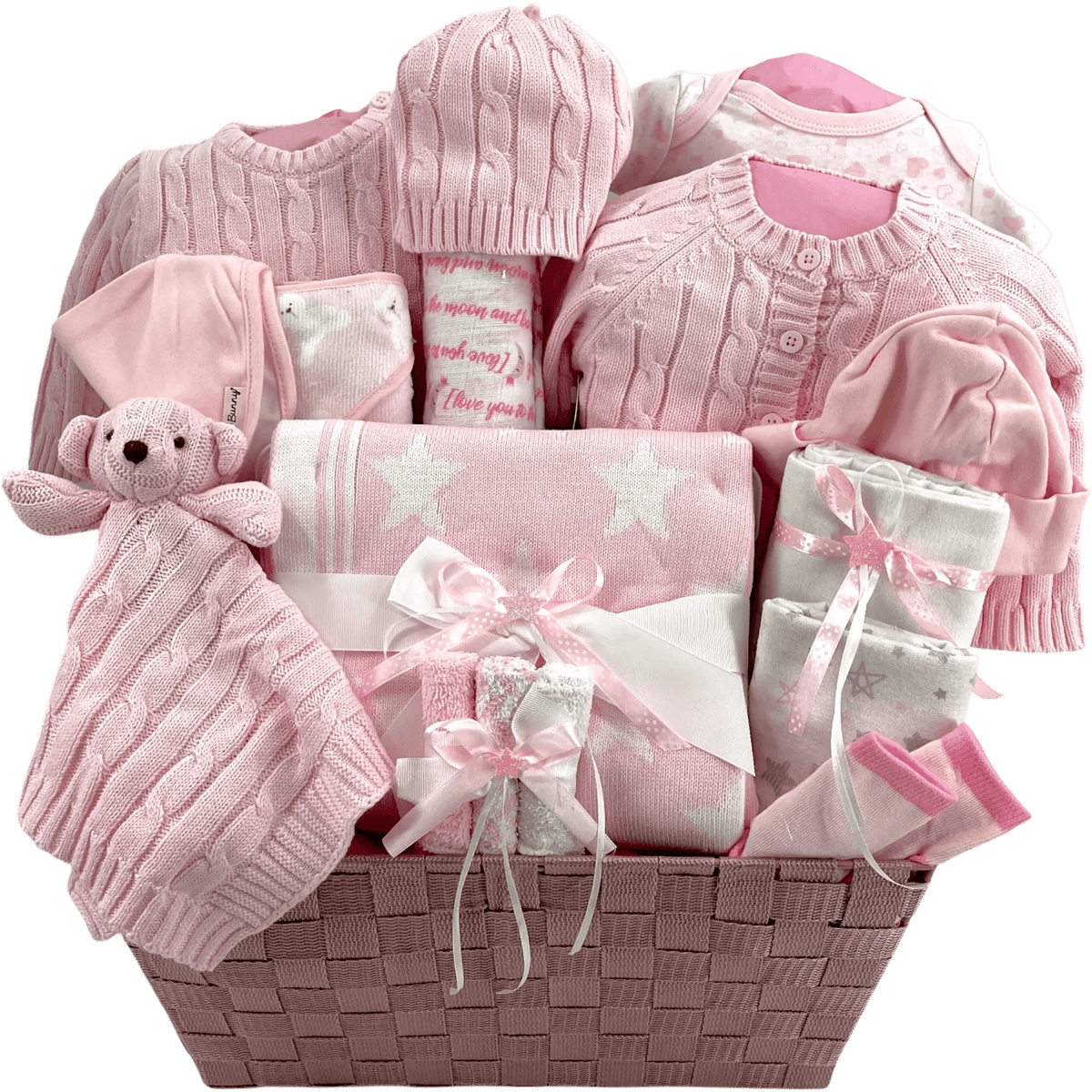 Little Star Bear Baby Girl Cable Knit Gift Basket