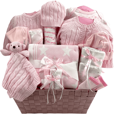 Little Star Bear Baby Girl Cable Knit Gift Basket - Glitter Baskets -Baby Girl Gift Basket