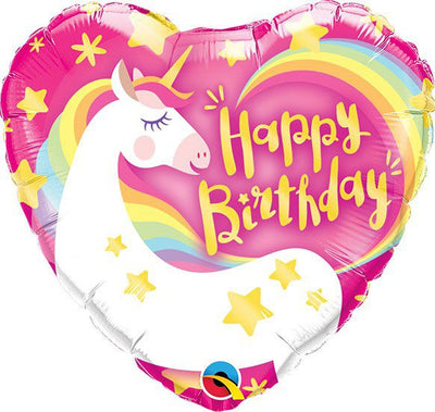 Magical Unicorn: Pink Rainbow Happy Birthday Balloon 9 inch - Glitter Baskets - Balloon