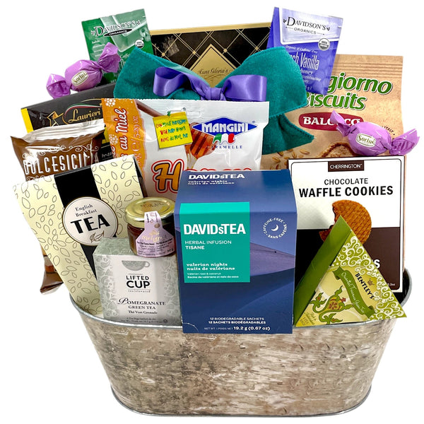 Midnight Infusions: David’s Tea & Global Comfort Gift Basket - Glitter Baskets - Tea Basket