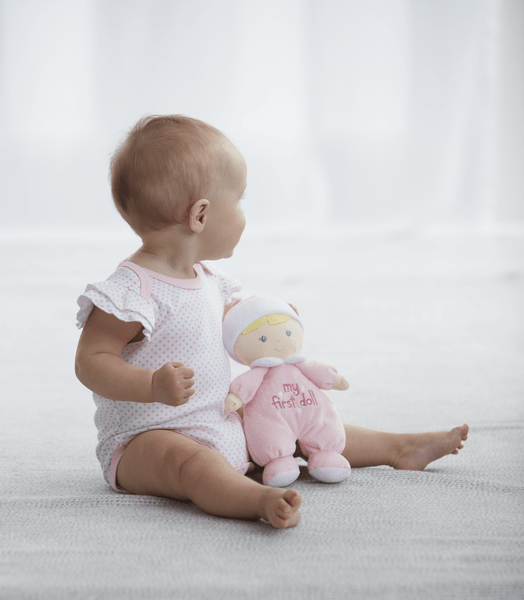 My First Baby Doll, Soft Pink Rattle Plush - Glitter Baskets - Baby Girl Gift Basket