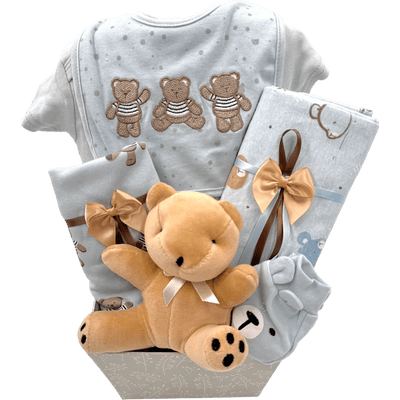 My First Teddy Bear Snuggle Set - Glitter Baskets - Baby Boy Gift Basket