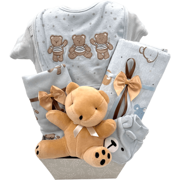 My First Teddy Bear Snuggle Set - Glitter Baskets - Baby Boy Gift Basket