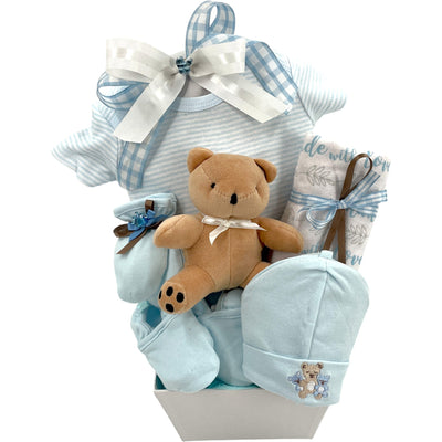 My First Teddy Bear Snuggle Set - Glitter Baskets - Baby Boy Gift Basket