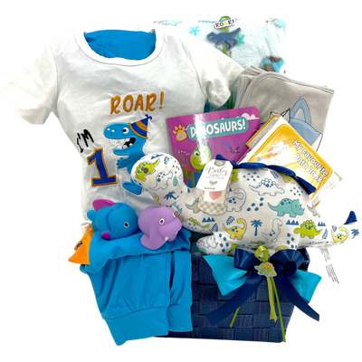 Roar I'm One Dinosaur First Birthday Baby Gift Basket - Glitter Baskets -First Birthday Gifts
