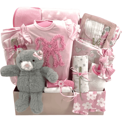 Ruffle Bow Bodysuit and Kitty Lovey Baby Gift Set - Glitter Baskets -Baby Girl Gift Basket