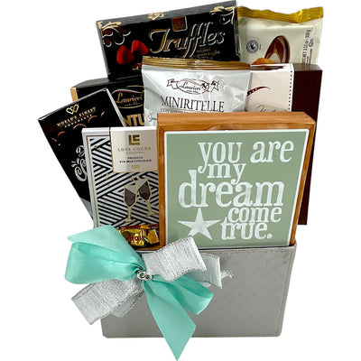 Silver Elegance: Gourmet Treats & Keepsakes Wedding Gift Basket - Glitter Baskets - Gift Baskets