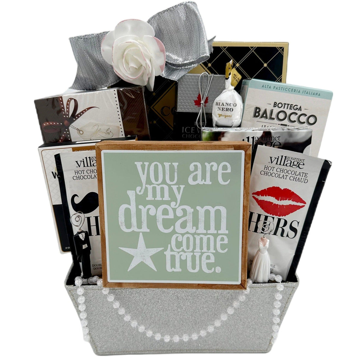 Silver Elegance: Gourmet Treats & Keepsakes Wedding Gift Basket - Glitter Baskets - Gift Baskets