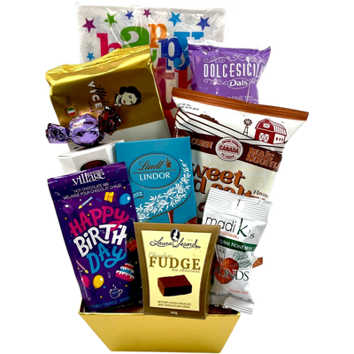 Tasty Treats Galore Birthday Basket - Glitter Baskets -Birthday Gift Baskets