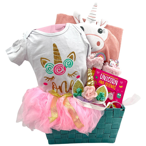 Tiny Twirls & Unicorn Tiaras – First Birthday Gift for Girls - Glitter Baskets - First Birthday Gifts
