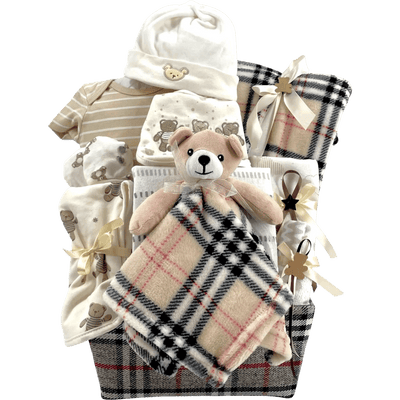 Wee Bear's Plaid Welcome Baby Basket - Glitter Baskets -Gender Neutral Baby Gift Basket