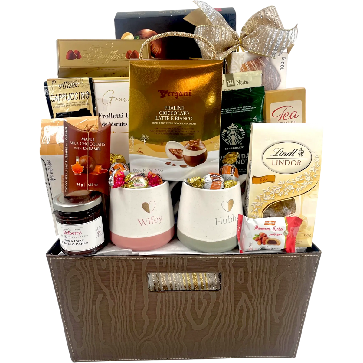Wifey and Hubby Mug Set with Gourmet Treats Gift Basket